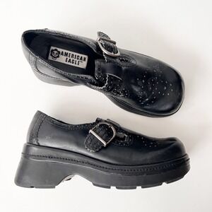 Vintage Chunky Mary Janes Platform Shoes 6.5 Black Leather Lug Sole Goth Y2K